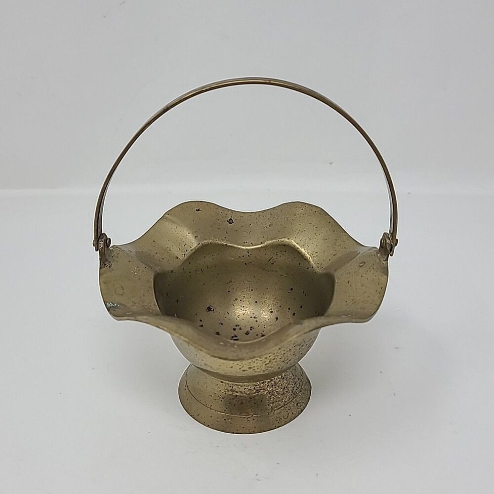 Vintage Brass Pedestal Basket with Moveable Handle Ruffled Edge Fluted Patina